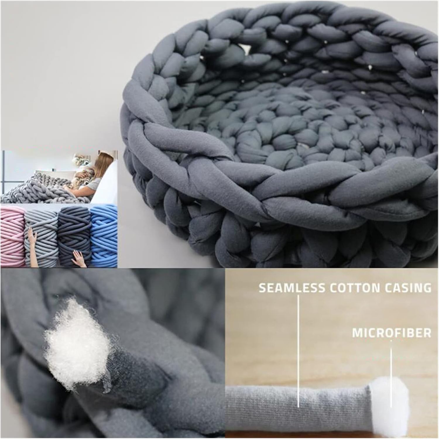 Pet Kennel Pet Dog Cat Hand-woven Bed Handmade Knit Nest House Puppy Kitten Cave Basket Sleeping Bag Dogs Kennel Supplies Pet Supplies (Color : Light Gray Size : XXL) (Light Gray Medium)