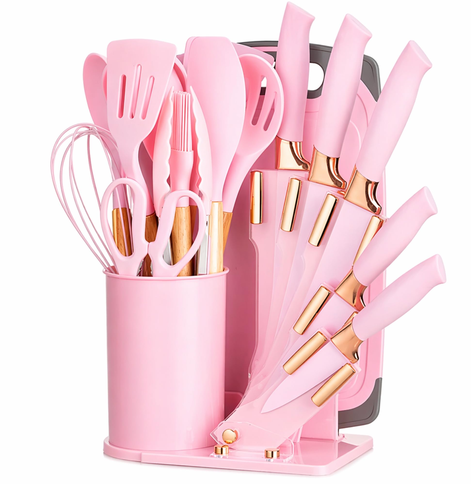Rosa Silikon Küchenhelfer Set mit Messerset und Block, Spatel Set, Back- und Kochutensilien-Set mit Halter, Apartment Essentials (Hellrosa, 19-teiliges HQ)