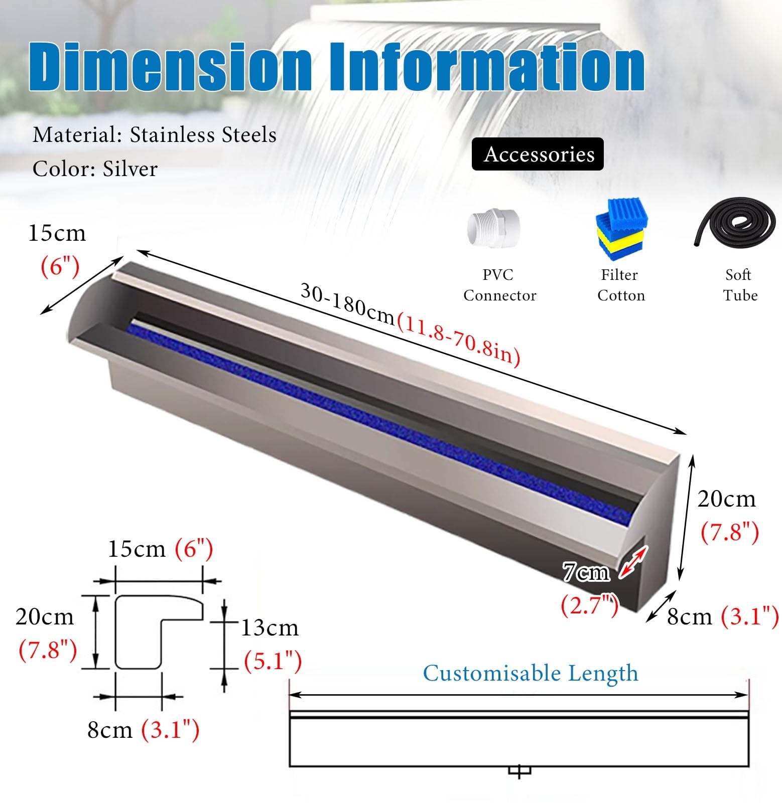 Kit di versamento a cascata resistente con filtro in cotone per interni ed esterni