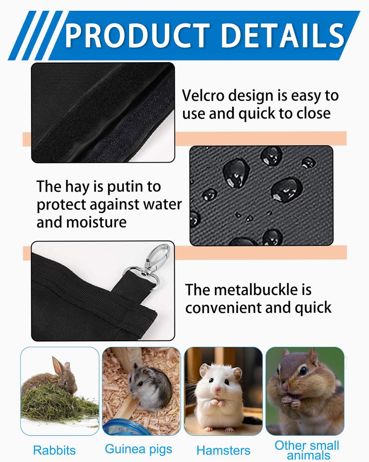 Sac de foin pour lapin, sac de foin, sac d'alimentation pour foin, sac de foin pour petits animaux, mangeoire suspendue pour foin avec 4 fenêtres pour petits animaux, noir