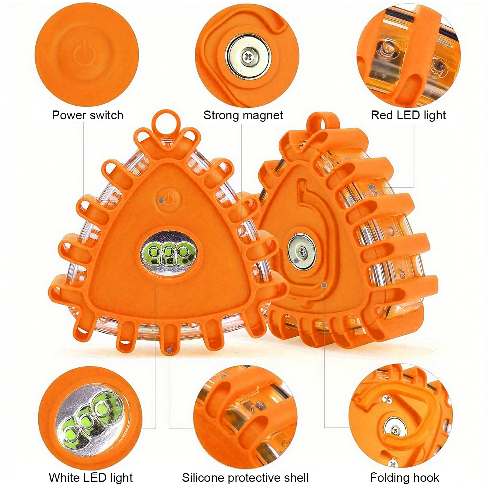 6 luces de advertencia de color naranja, con 9 modos de parpadeo, imán y gancho plegable, resistente al agua y al polvo, para emergencias de vehículos, obras de construcción, exteriores
