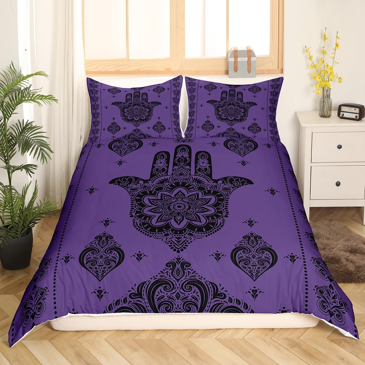 Boho Hamsa Hand Duvet Cover Set Queen,Mandala Damask Love Floral Bedding Set Kids Teens Girls Boys Room Decor,Gothic Vintage Pattern Comforter Cover Exotic Purple Black Quilt Cover,No Comforter