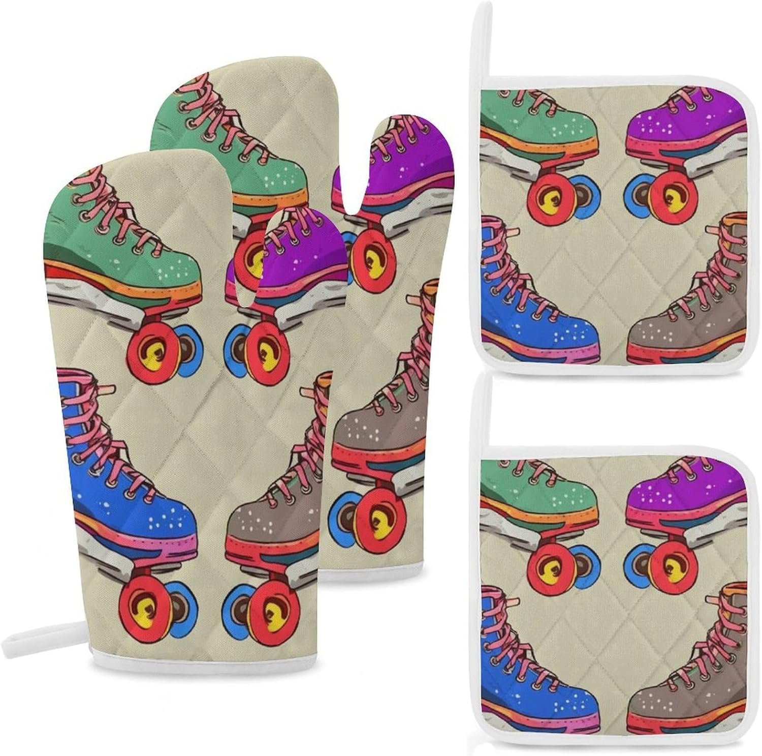 4-Piece Oven Mitts and Pot Holders Set Retro Colorful Roller Skates Printed Heat-Resistant Polyester Kitchen Gloves and Potholders Comfortable & Durable for Cooking Baking and Grilling