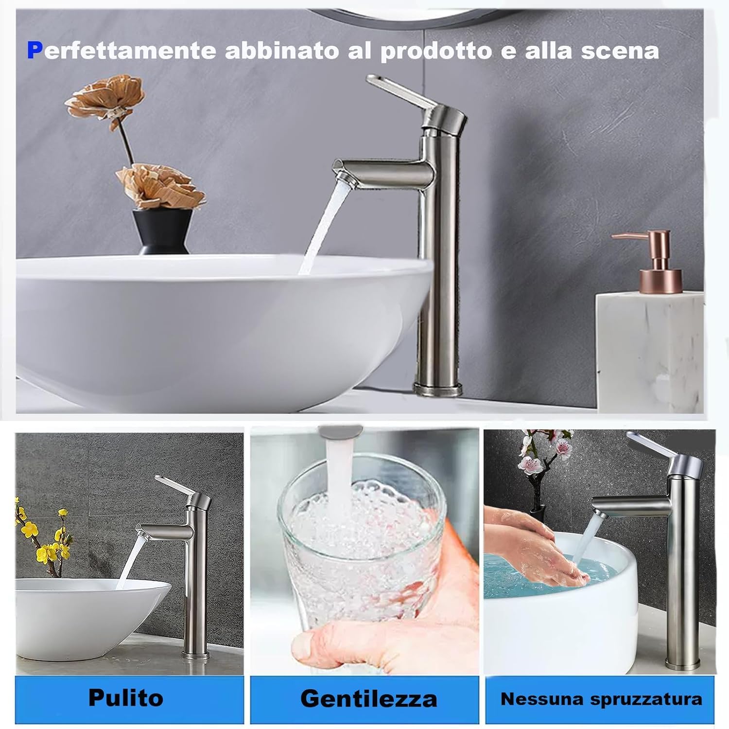 XWIHTR Rubinetti per lavabo e bagno caldi e freddi in acciaio inox, con risparmio idrico silenzioso e senza gocciolamento per bagno, lavabo, piccoli rubinetti da cucina (spazzolato - alto)