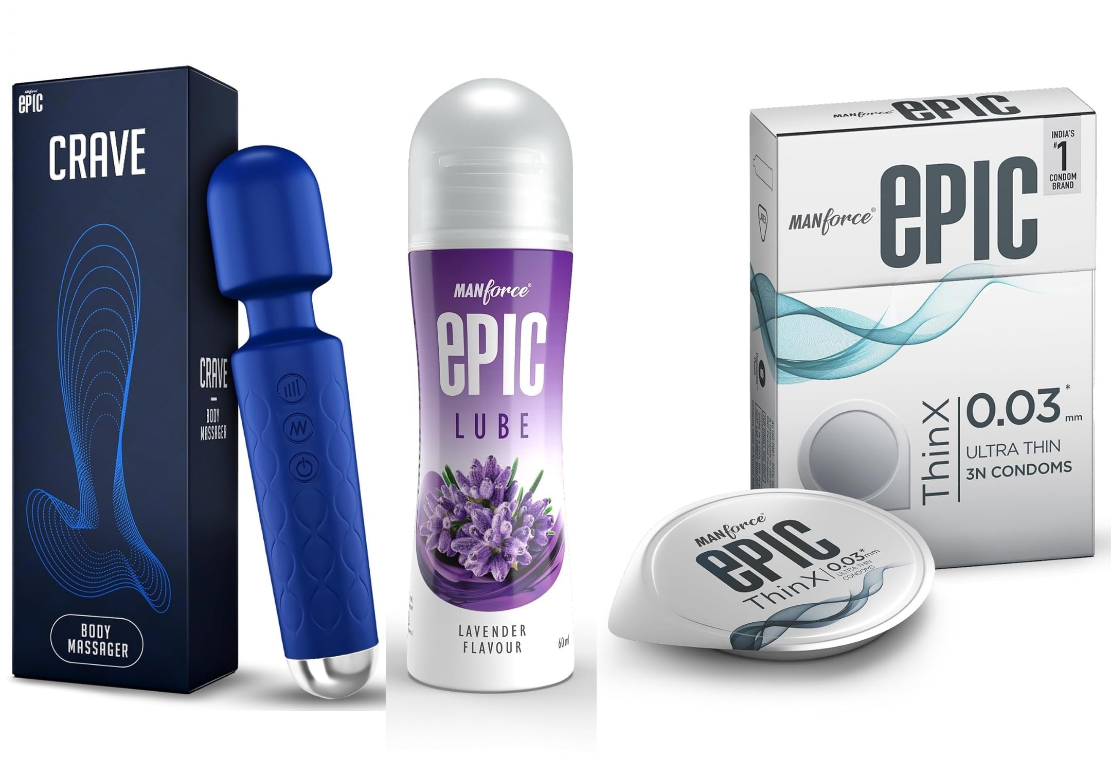 Manforce Epic Crave Massager | 20 Vibration Modes,Epic Lube | Lavender | 60ml | Water-based & Epic ThinX | Ultra Thin Condoms with Easy Peel Pack | 3 Pcs-image-35
