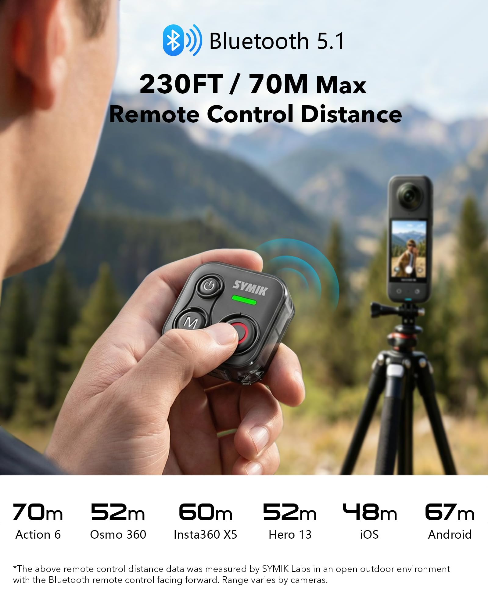 SYMIK Telecomando Universale per Insta360, GoPro, DJI, Smartphone | Controller Bluetooth per Scatto di Action Cam, Resistenza agli Schizzi, Portata 70m, Batteria 120h, Ricarica Type-C