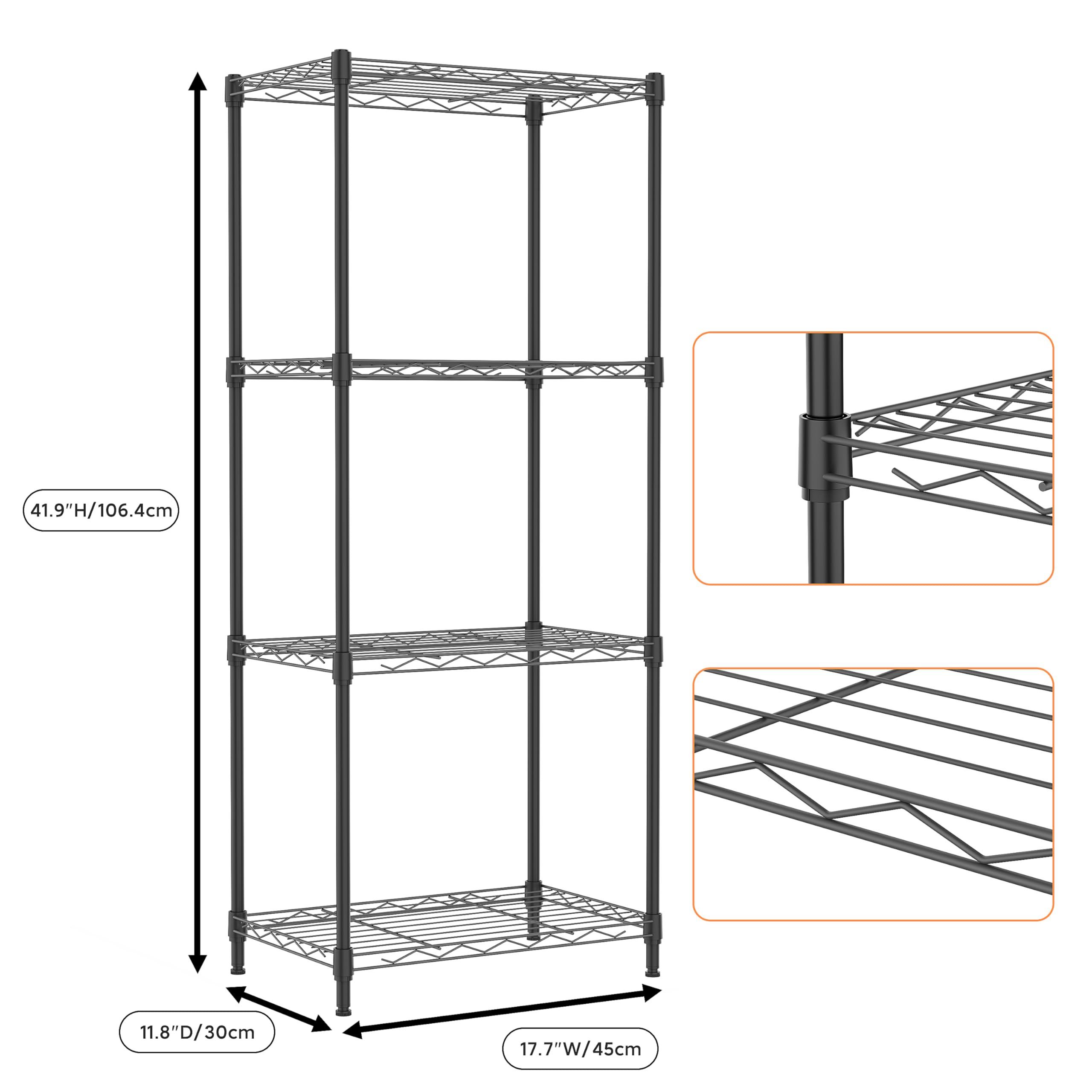 M MZG 4-stufiges Metallregal, platzsparendes Aufbewahrungsregal für Küche, Bad, Büro, Vorratsraum und Abstellraum, Schwarz, 30×45×106.4 cm