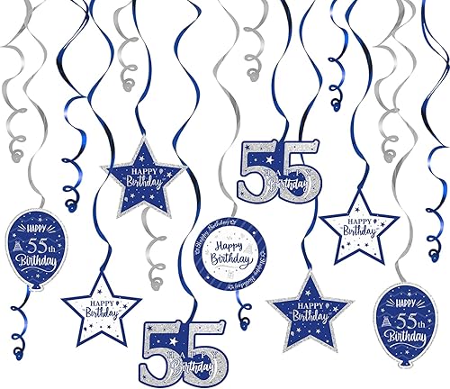 Miniatura 19 de Serpentinas de remolinos de cumpleaños feliz de 16 años con purpurina azul y plateada - Kit de 15 piezas de remolinos colgantes para el kit