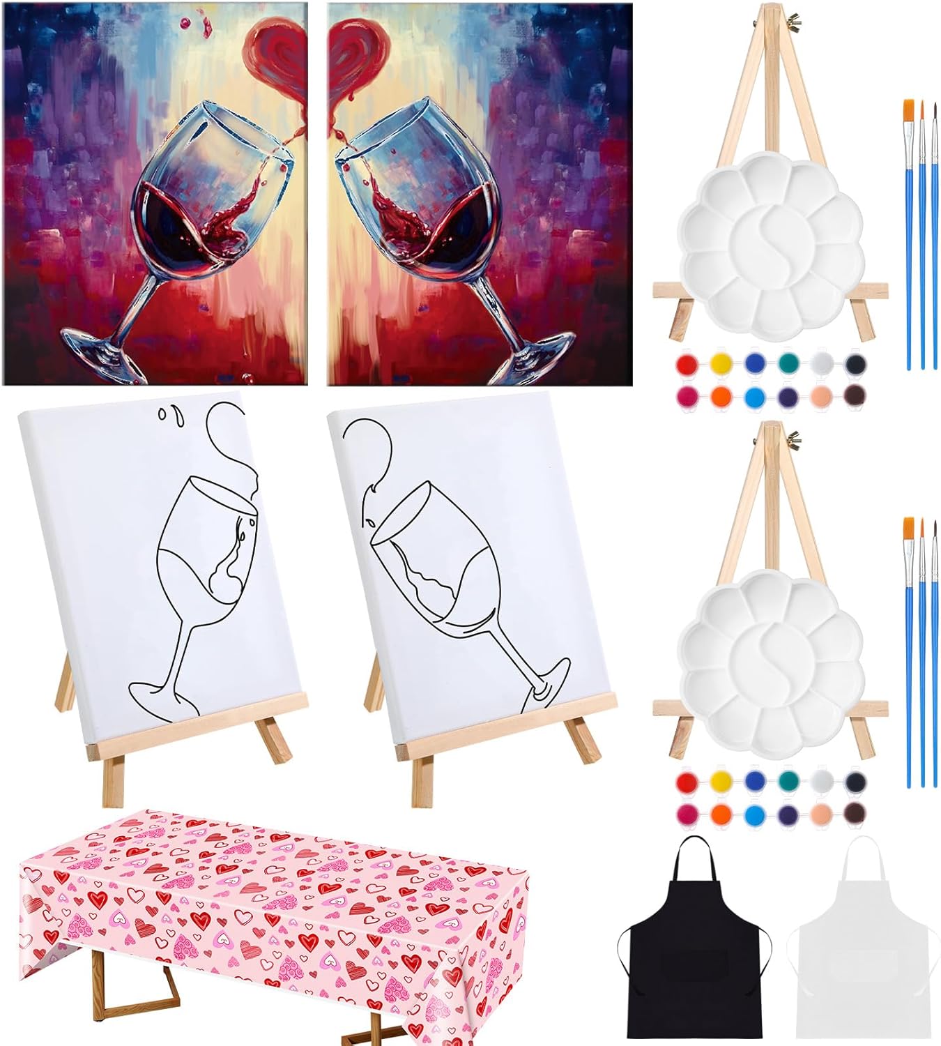 Feifeiyu 17 Pcs Valentines Sip and Paint Kit for Adults 8x10 Couple Painting Kit Art Pre Drawn Canvas Paint for Adults Date Night Party Favor Supplies Galentines Gifts(Clink Glasses)