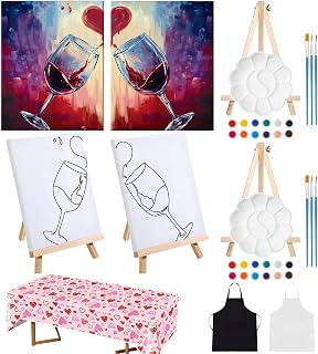 Feifeiyu 17 Pcs Valentines Sip and Paint Kit for Adults 8x10 Couple Painting Kit Art Pre Drawn Canvas Paint for Adults Date Night Party Favor Supplies Galentines Gifts(Clink Glasses)