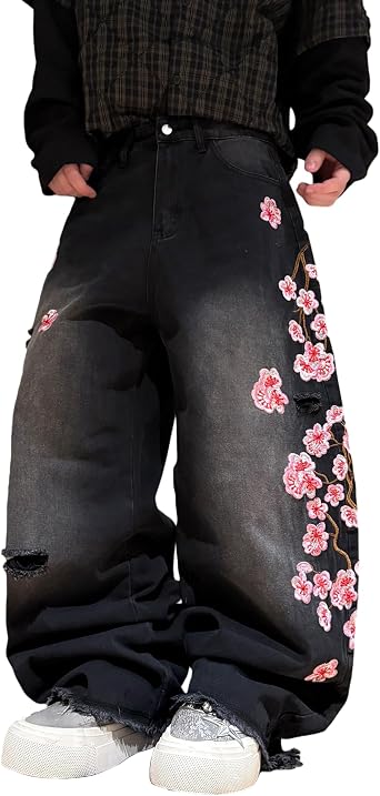 Mens Baggy Jeans Blossom Embroidery Pattern Wide Leg Y2K Jeans Mid Rise Denim Pants Streetwear