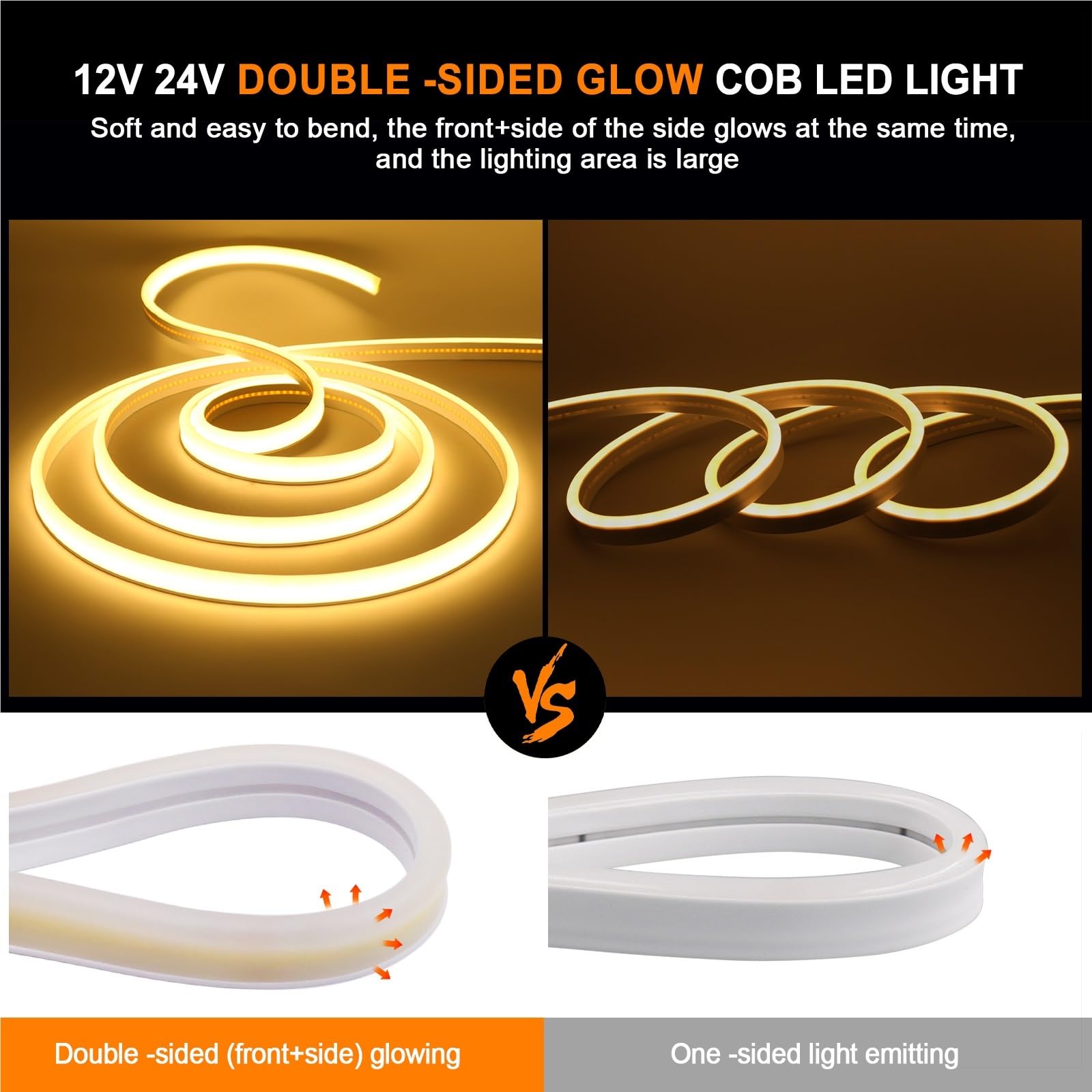 Neonowa taśma LED 12 V/24 V DC COB, wodoodporność IP67, długość 0,5 m - 20 m, mleczna biel, miękki blask do dekoracji (ciepła biel, DC 12 V 4 m)
