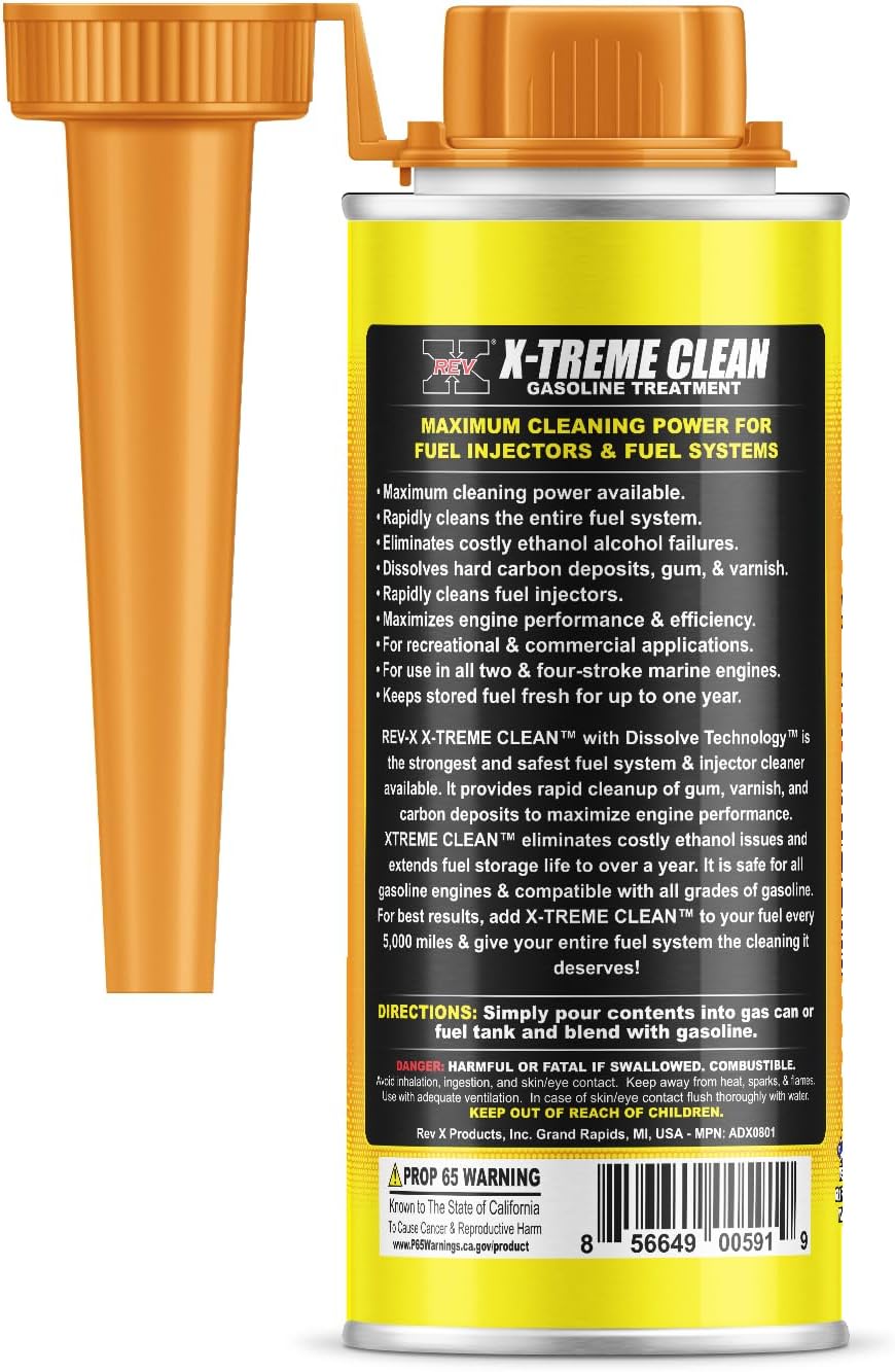 REV X Xtreme Clean Gasoline Fuel Additive (8 Pack) - Extra Strength Fuel System and Injector Cleaner - 8 fl. oz. (Treats 200 Gallons)