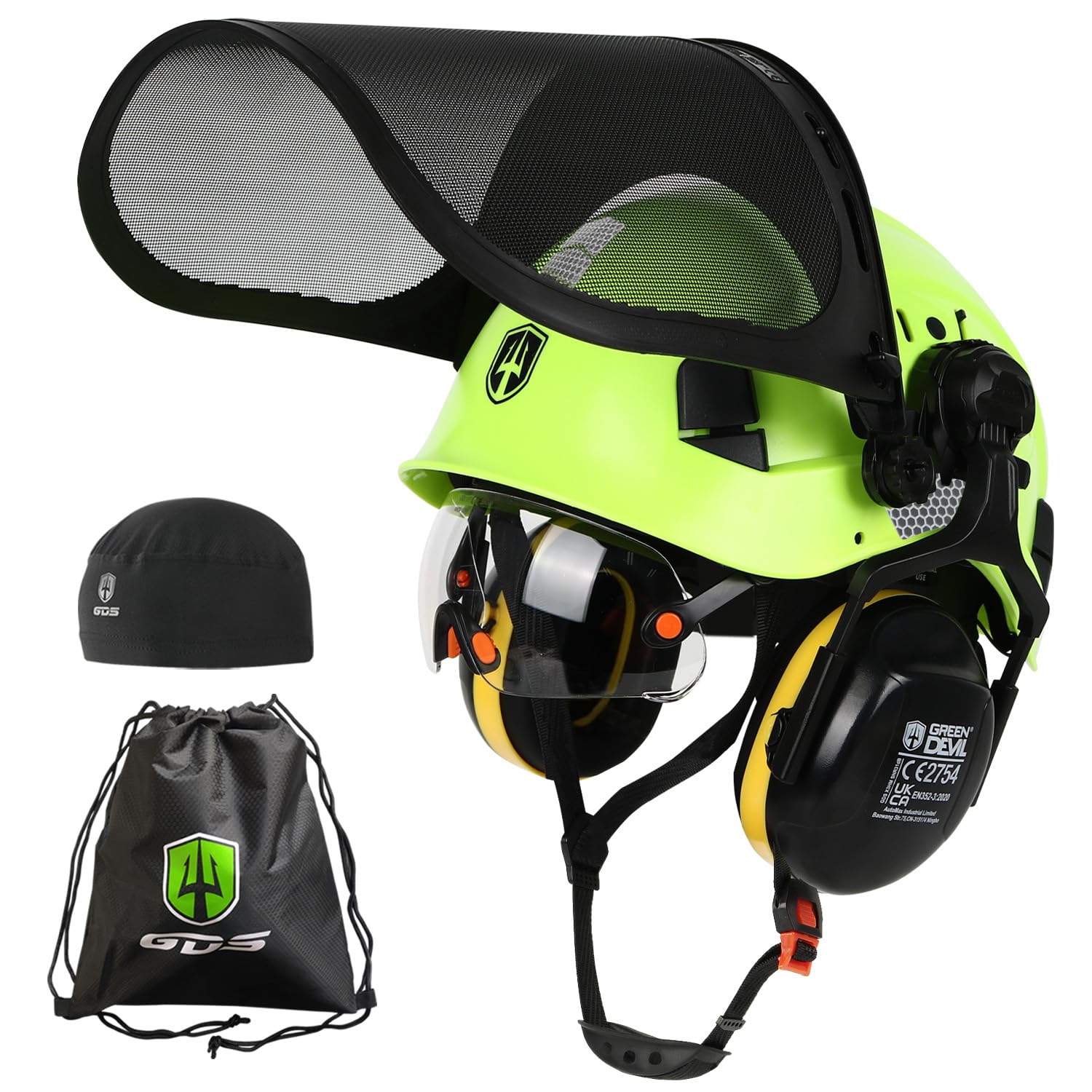 GREEN DEVIL Forestry Chainsaw Safety Helmet EN397 Certified - 5 in 1 System with Mesh Face Protection, Built-in Visor and Earmuffs - Ventilated, for Logging and Gardening - Unisex