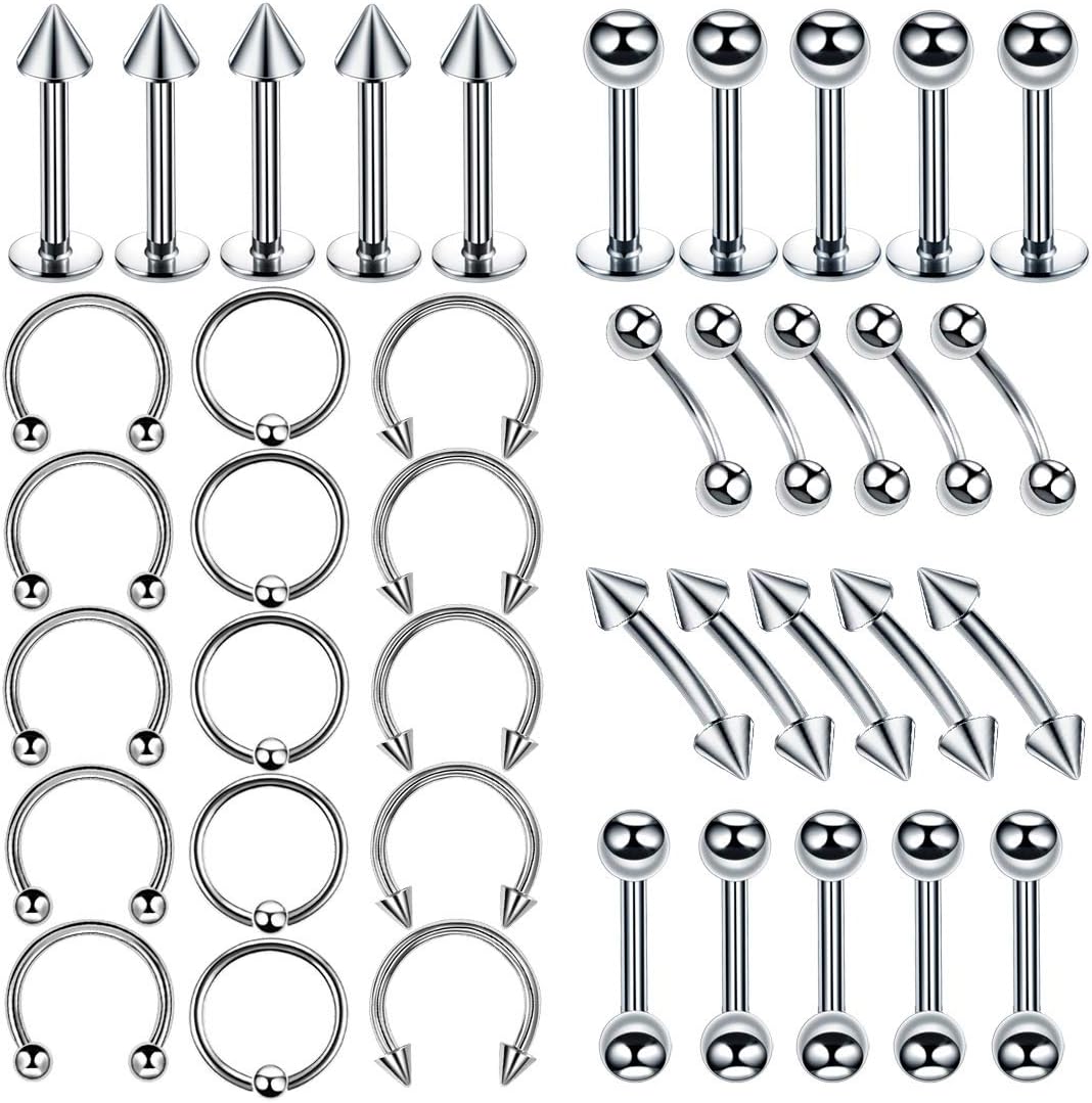 40Pcs Piercing Kit Jewelry Stainless Steel Nose Lip Tongue Eyebrow Piercings Rings Septum Piercings Helix Tragus Piercings 16G