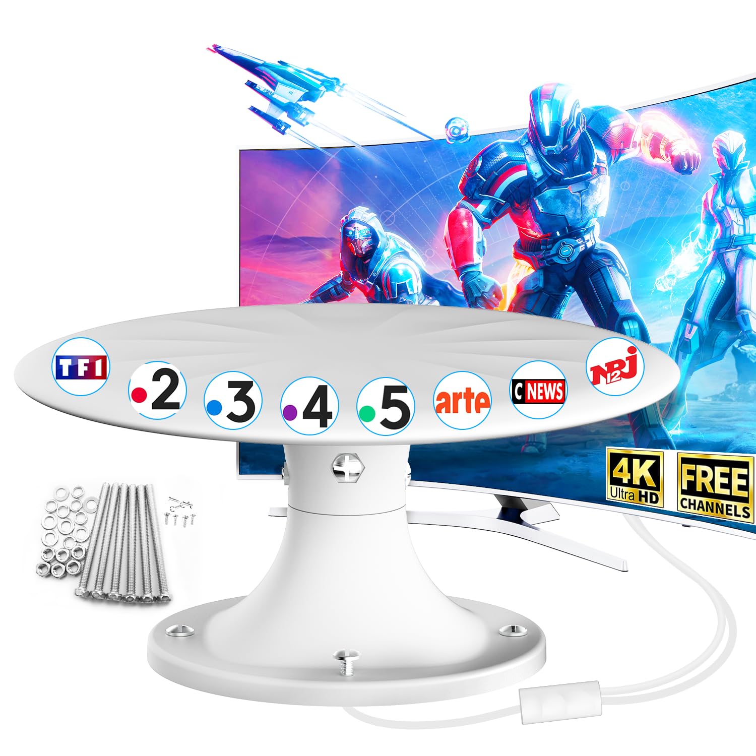 Antena de TV al aire libre TDT HD con amplificador, recepción de largo alcance 360° DVB-T2 - Antena rastrillo resistente a la intemperie - Compatible con TV digital y Smart TV - Cable 4K UHD (RVWhite)