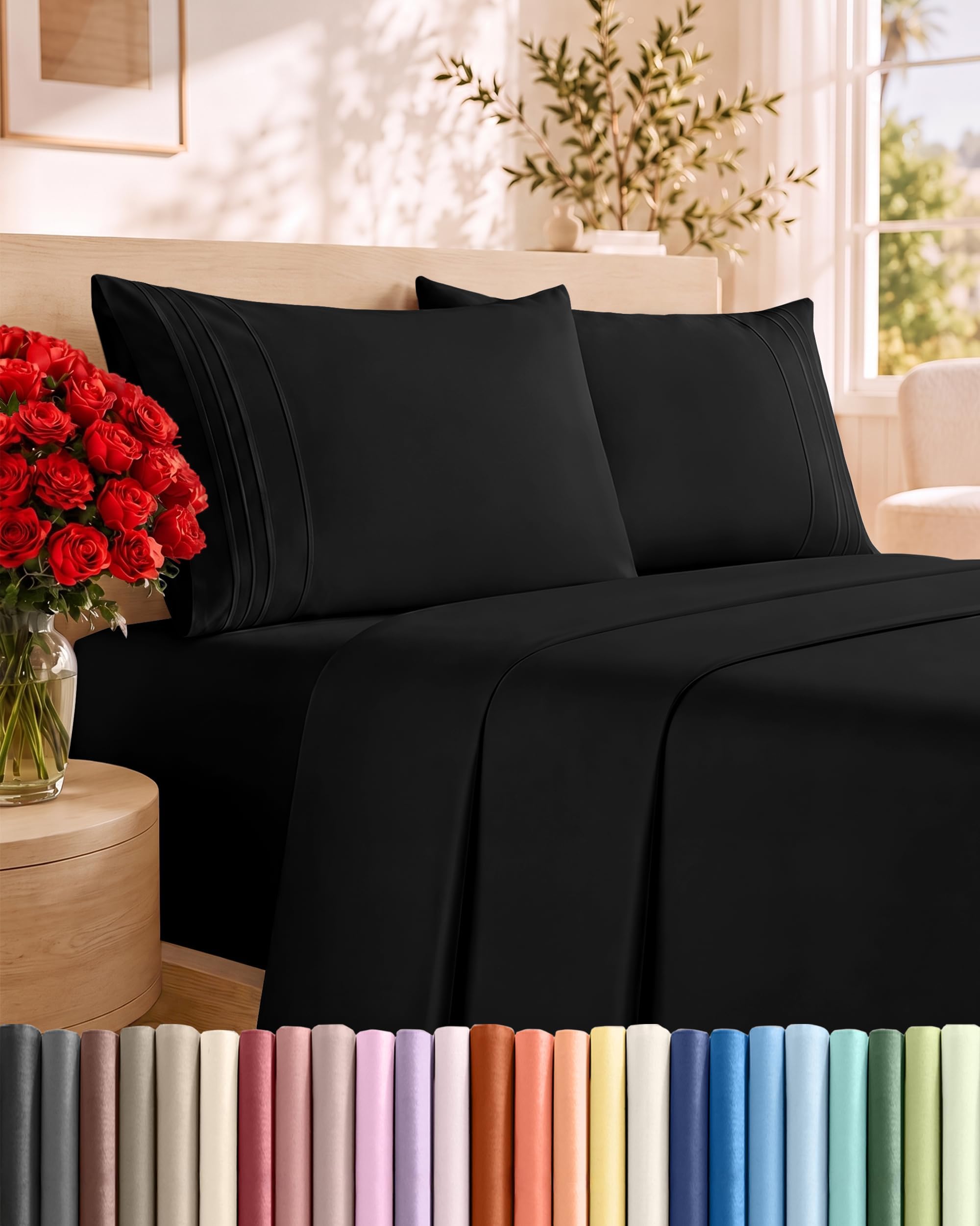 King Size 4 Piece Sheet Set - Comfy Breathable & Cooling Sheets - Black