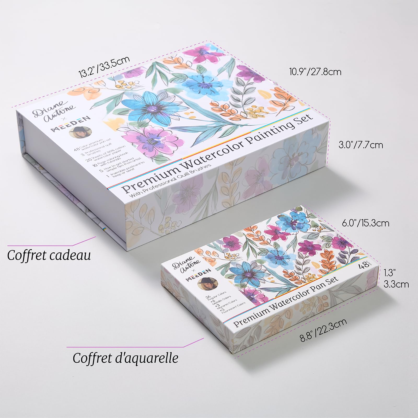 MEEDEN Diane Antone Ensemble de peinture aquarelle portable 48 couleurs avec 3 pinceaux aquarelle, pages de coloriage de doublure, papier aquarelle et cartes postales – Fournitures d'art pour adultes