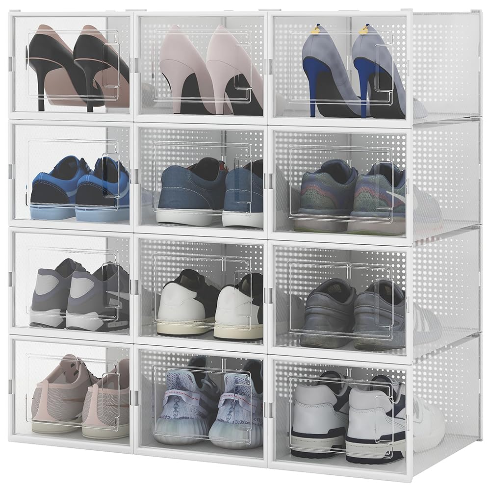 BAKAJI 12 cajas apilables para zapatos de plástico con copechi, montaje fácil, ahorran espacio transparentes, cajas organizadoras de almacenamiento, (juego de 12 unidades, 35 x 25 x 19 cm)