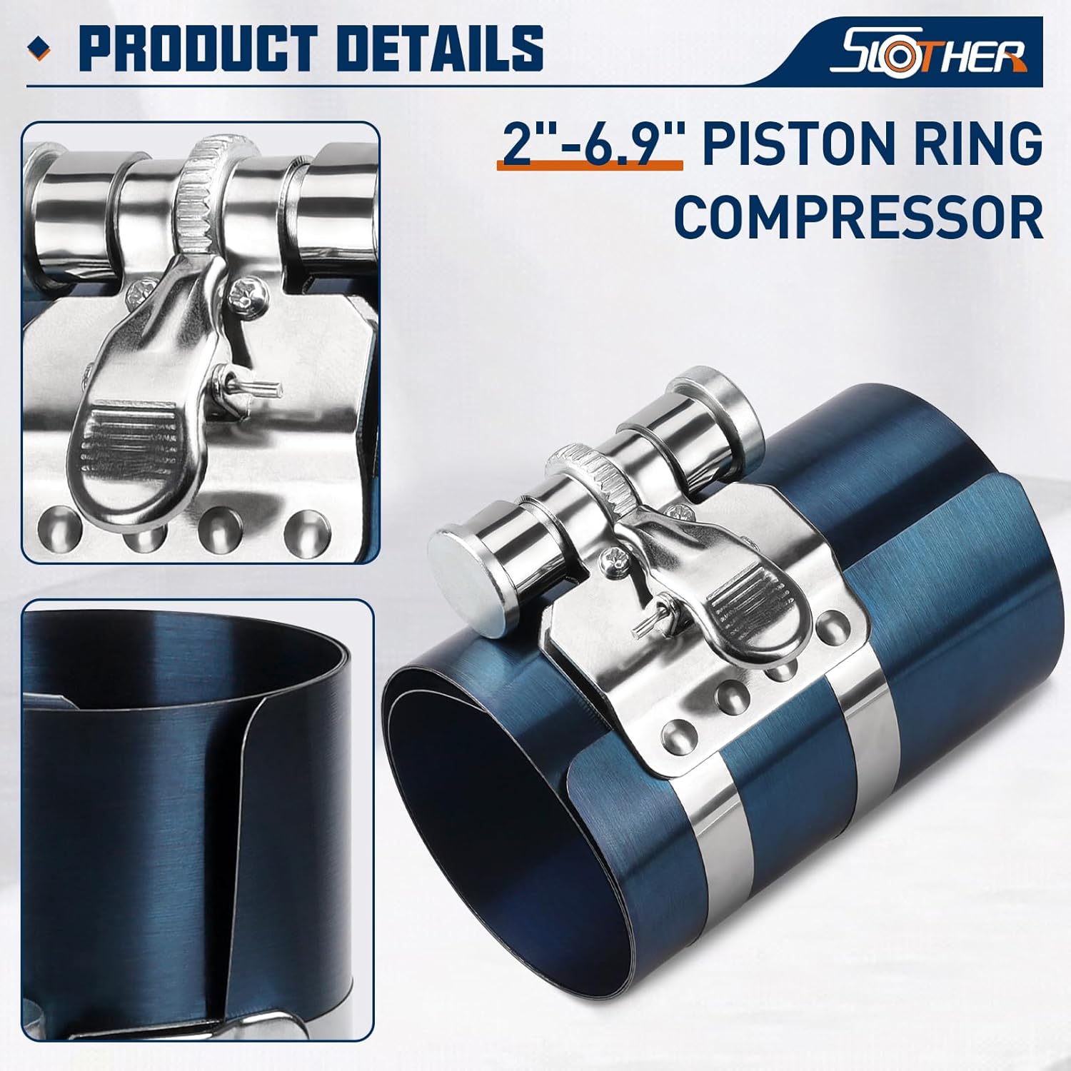 4” Piston Ring Compressor, Adjustable Ratchet Piston Installer Tool Removal Tool Installation Compressing Capacity 2”to 6.9”,Blue