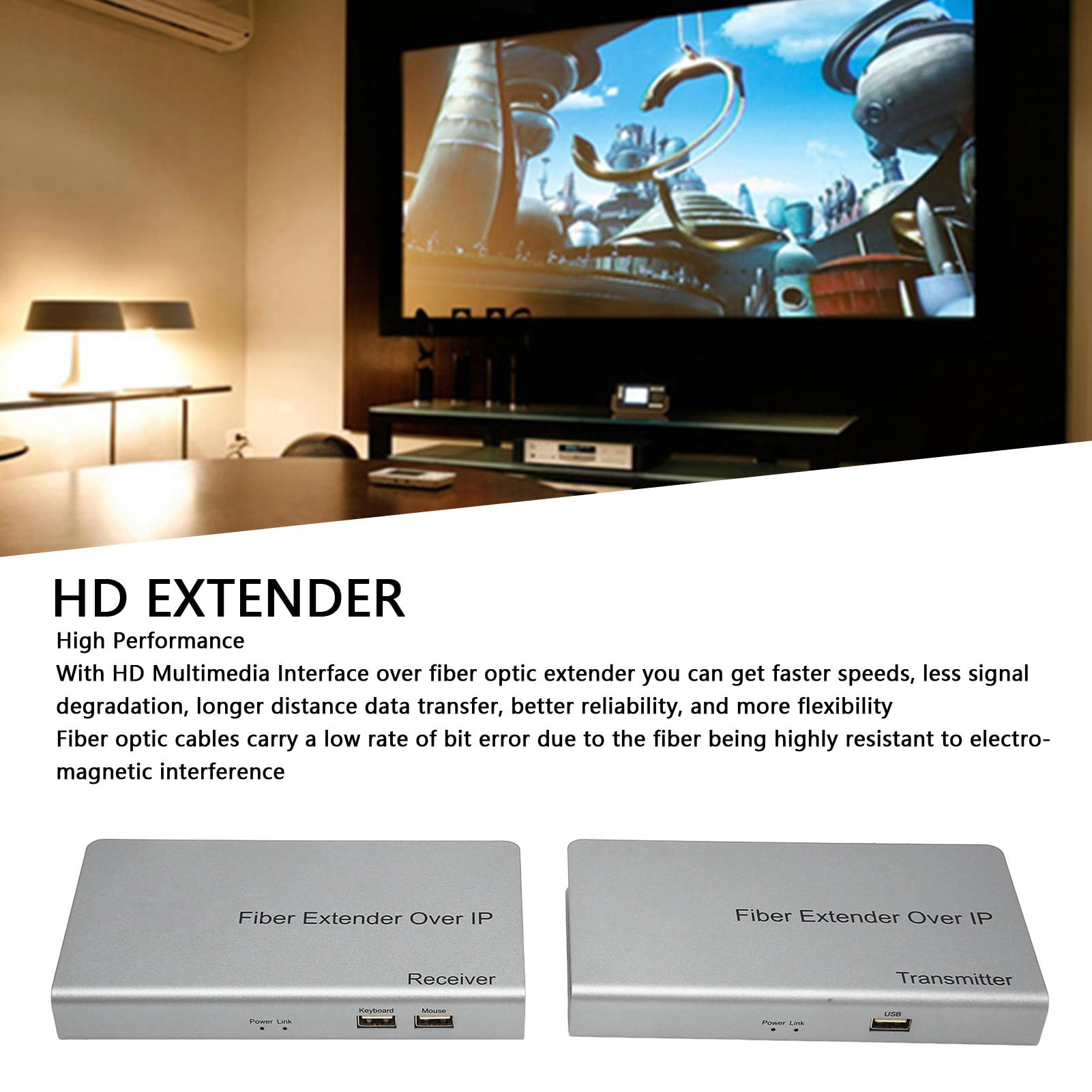 Extensor HDMI, Extensor HDMI sobre Cable de Fibra óptica 12.4 Millas 20 Km, Adaptador de Extensión HDMI 1080P para Jugadores Consolas de Juegos PC a Monitores Pantallas TV (Enchufe de la UE)