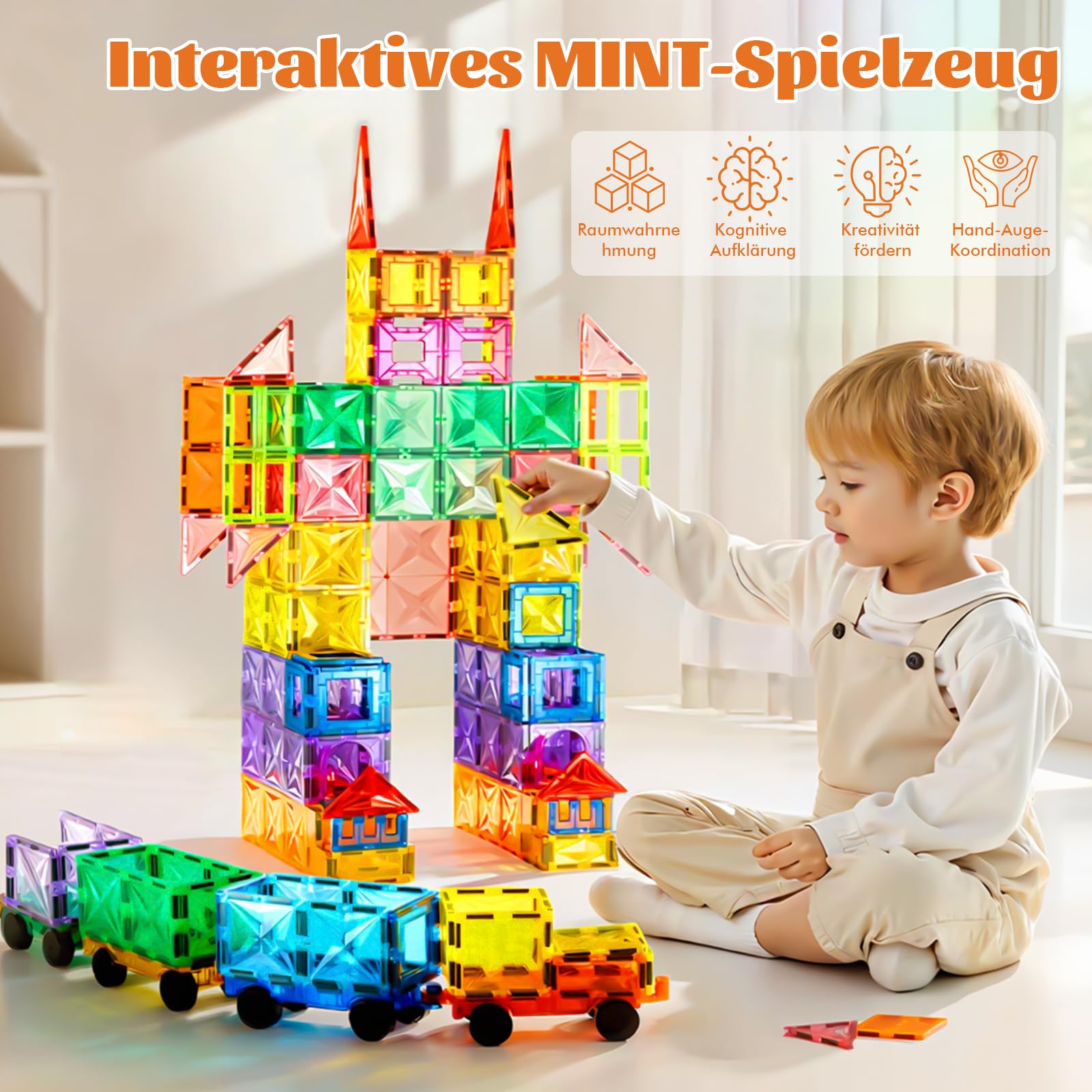100 Magnetische Bausteine mit 1 Auto, STEM-Bauspielzeug, Kinderspiel Zusammenbauen, Lernspielzeug geeignet fur Kinder ab 3 Jahren,magnetisches Spielzeug fuir denKindergarten (bunt)