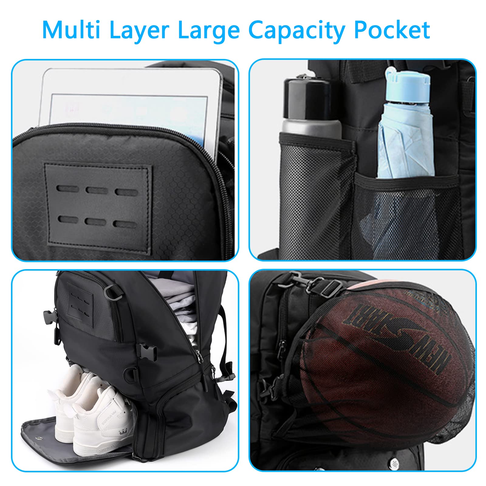 Aisny Bolsa de Baloncesto 30x20x49cm Mochila de Fútbol con Compartimiento para Balones y Zapatos