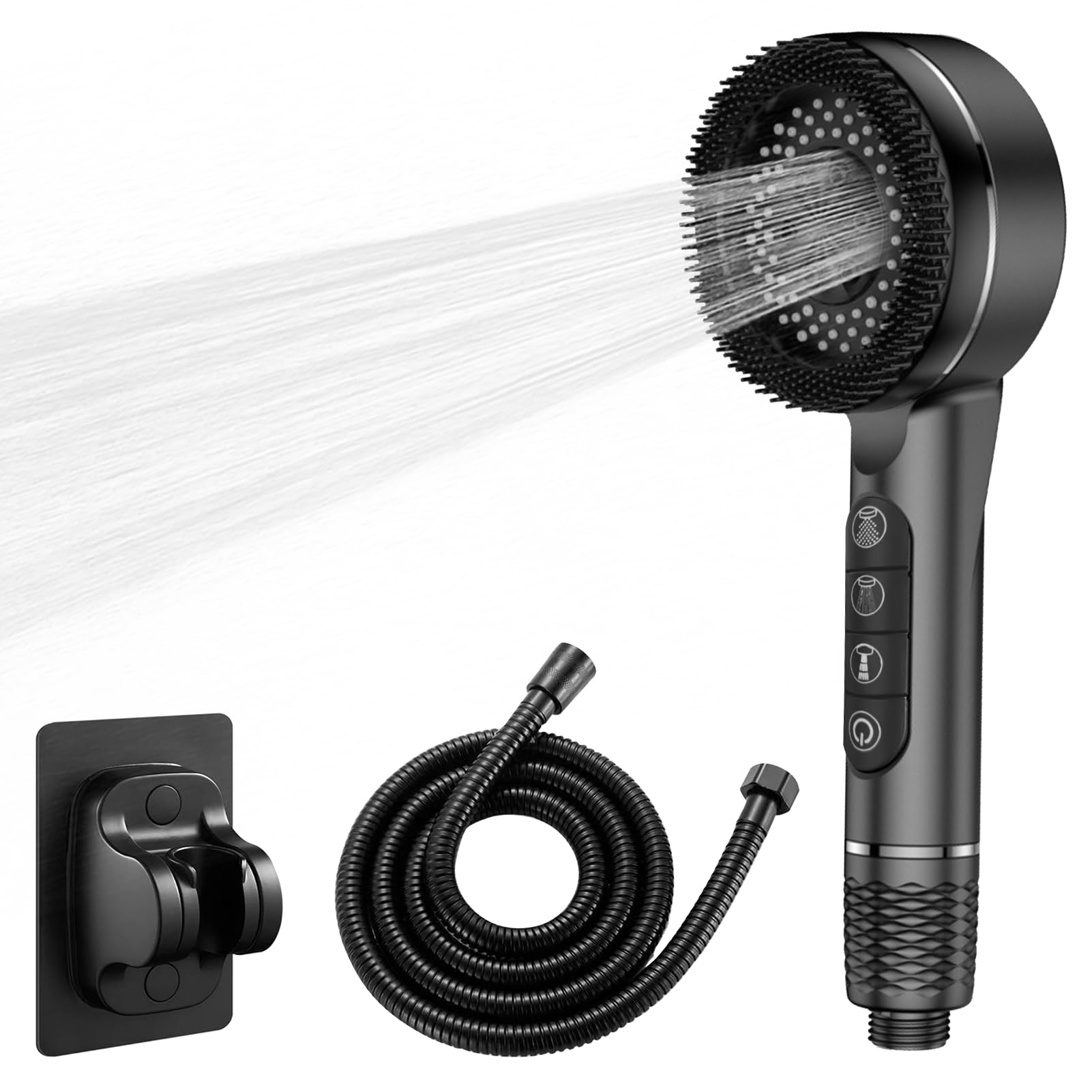 Juego de alcachofa de ducha de mano de alta presión con filtro de agua dura y manguera de 1,5 m de ahorro de agua con múltiples modos de pulverización e interruptor (negro)