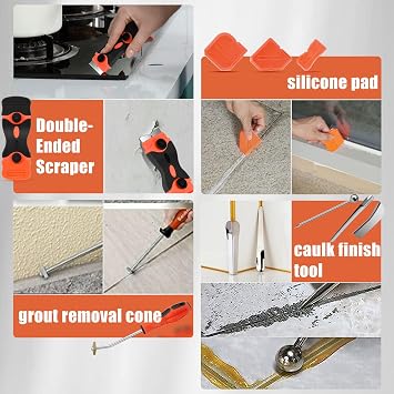 MATEWORK Caulking Tool,4 in 1 Stainless Steel Caulk Remover for Home Repair | Caulk Finishing Tool, Grout Removal, Scraper, Cut Resistant Gloves, for Bathroom Shower Kitchen Living Room, for Pros & DIY