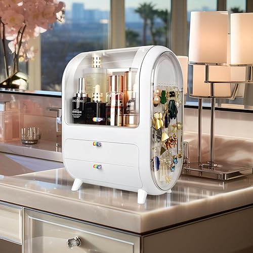 Miniatura 7 de VEEZIT Organizador de maquillaje para tocador, organizador de maquillaje 2 en 1 con estante de exhibición de aretes, collares, organizadores de