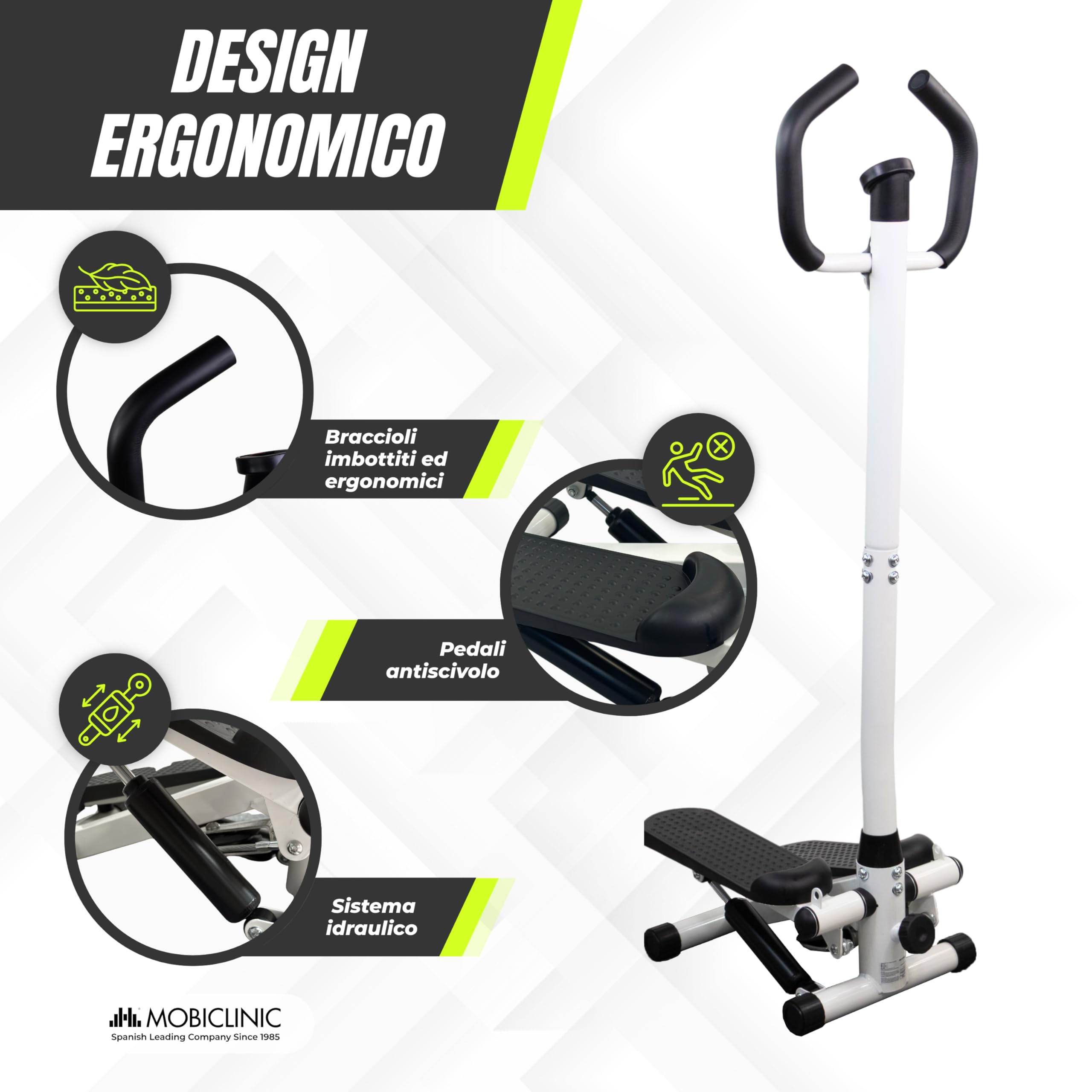 Mobiclinic®, Stepper con Manubrio, Altezza Regolabile, Monitor LCD, Intensità Regolabile, Pedali Antiscivolo, Macchina Step-by-Step, Compatta, Esercizi a Casa, Step-Pro