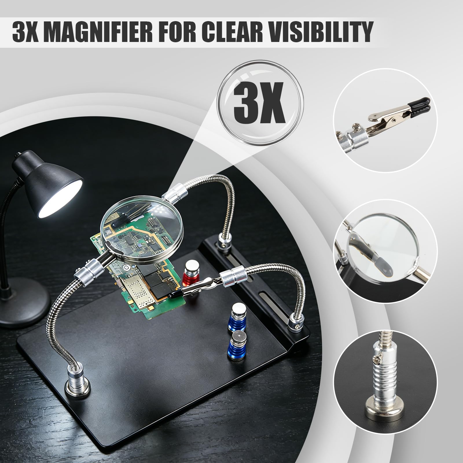 Dritte Hand Löten, Magnetische helfende Hand mit 4 PCB-Säulen Lötstation Helfende Hand mit 3X Lupe Löt-Leiterplattenhalter-Werkzeug für Lötarbeiten Elektronik Reparatur von Schmuck, Handwerk Entlöten
