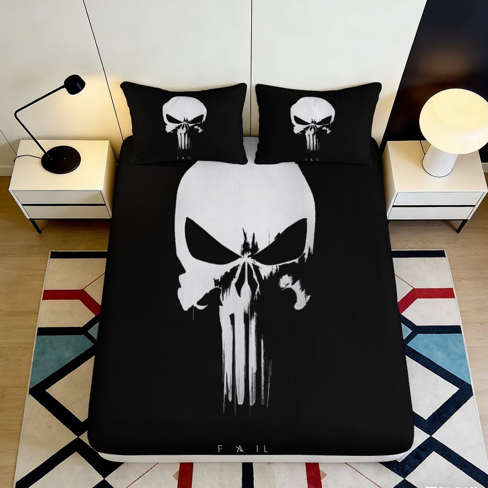 3D Printed Skull Graphic Fitted Sheet Microfiber Black Gothic Punisher Bed Cover for Bedroom Dorm Mattress Protection Decor 90x200x25cm