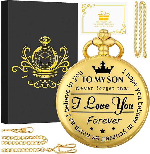 Keller & Weber Engraved Pocket Watch, My Son I Love You Quartz Pocket Watch, Vintage Quartz Pocket Watch with Chain,Pendant Necklace Fob Watches, Gift Box and Card
