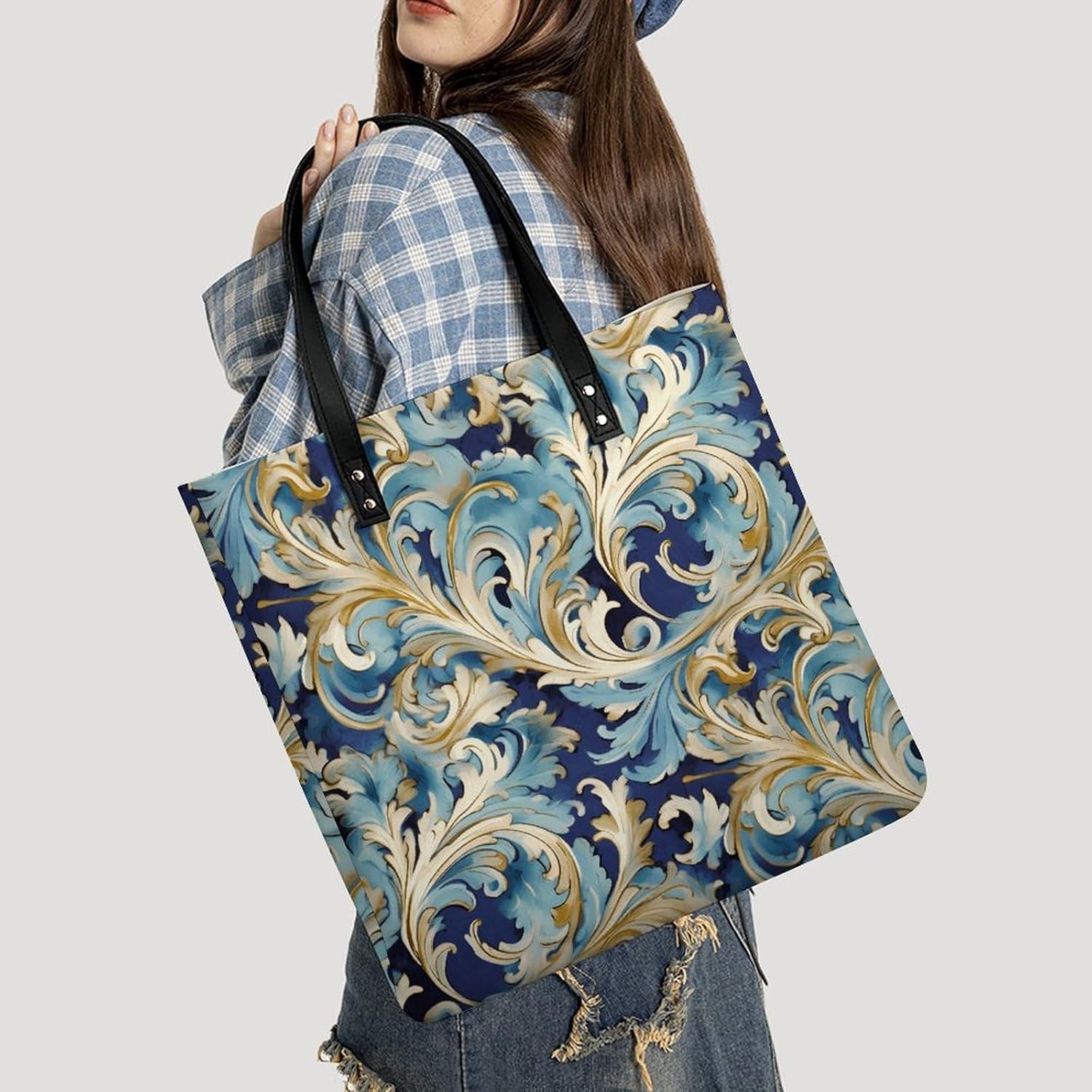 Elegant Blue Gold Florentine Tote Bag with Magnetic Buckle Reusable Grocery Bags Lightweight Cross Body Handbag for Daily Essentials