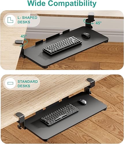 Miniatura 5 de WALI Bandeja para teclado debajo del escritorio, bandeja deslizante para teclado y mouse con abrazadera C ajustable de 45, bandeja ergonómica para