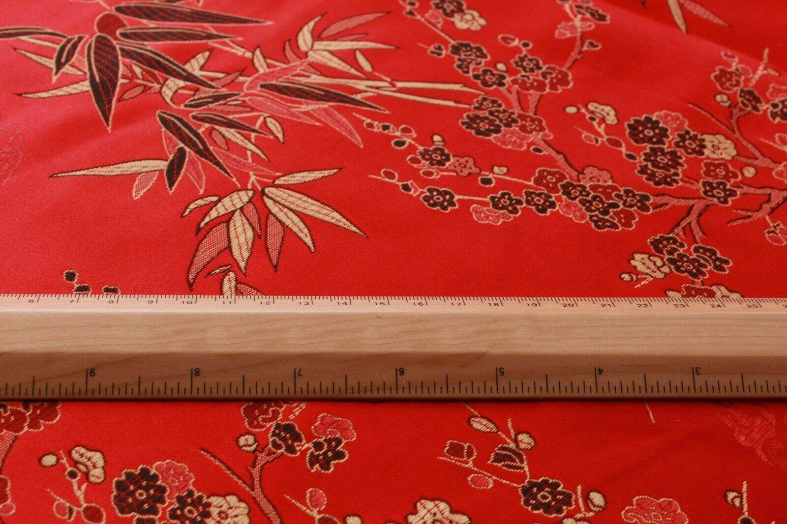 1 Metre Red Embroidered Chinese Brocade Fabric Oriental Cherry Blossom Tropical Leaves Shiny Silk Satin Brocade Polyester Jackets Fancy Dress 45" / 114cm - Image 2