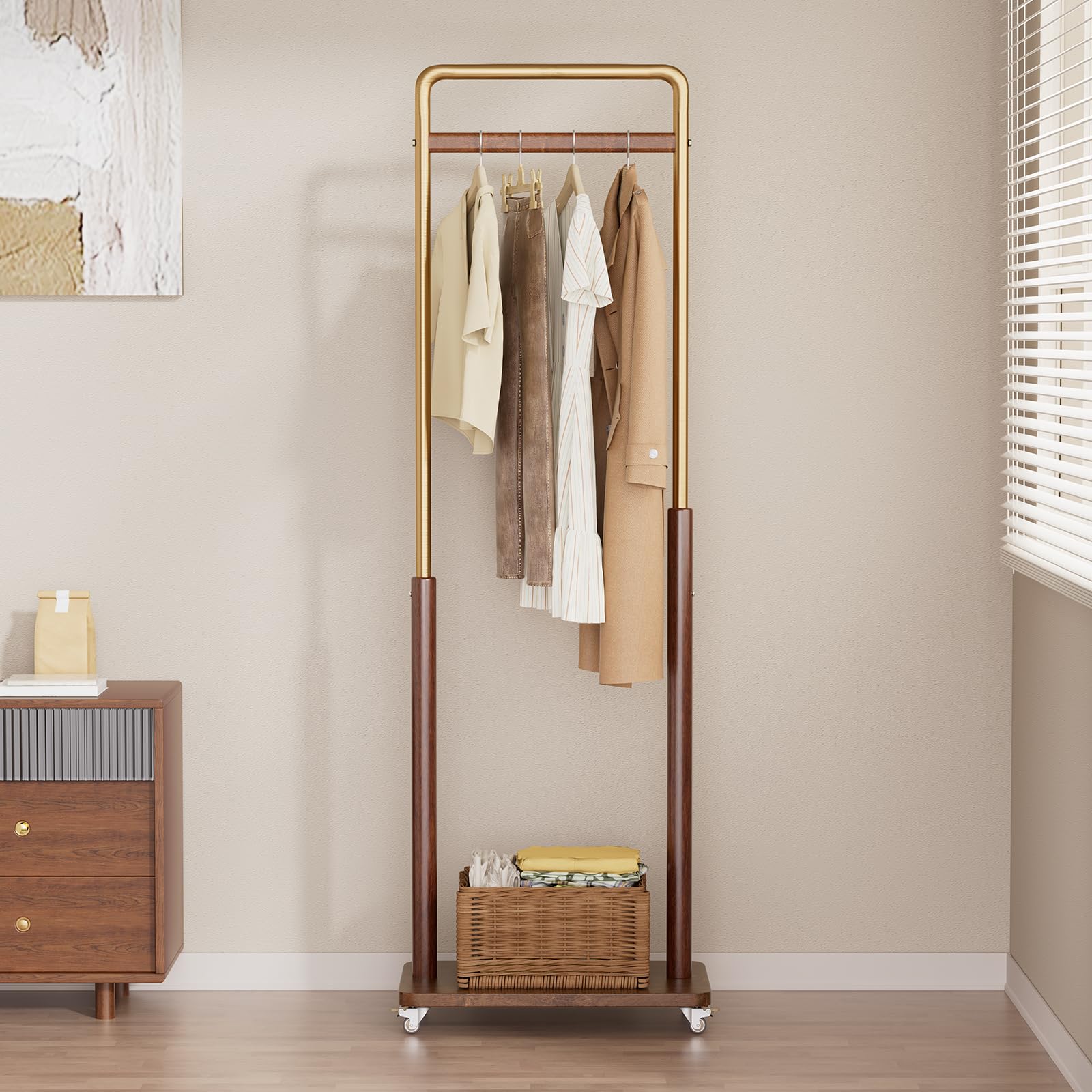Photo 1 of ***MINOR DAMAGE*** Taitiy Clothes Rack Solid Wood Coat Rack, Metal and Solid Wood Combination Clothing Rack with Wheels for Entryway, Bedroom, Living Room, Coat Racks Freestanding for Hanging Clothes Garment Scarf
