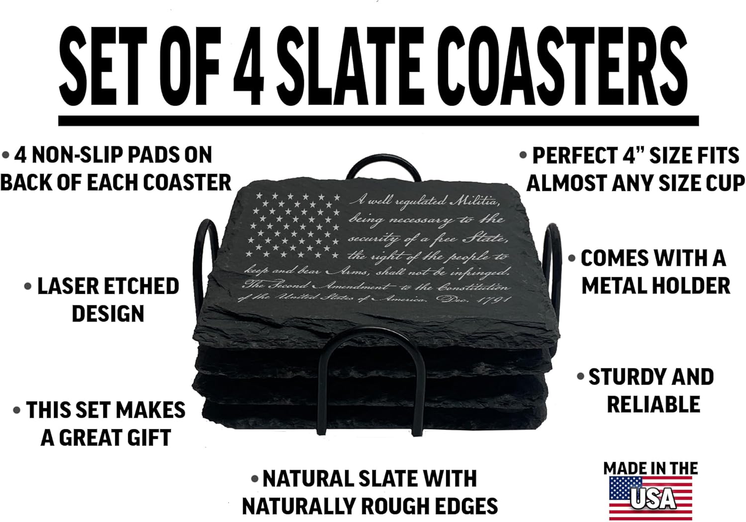 Rogue River Tactical 2nd Amendment Second American Flag USA Patriotic United States Flag Military Veteran Slate Coaster Set with Stand Rock Stone Coaster - Image 2