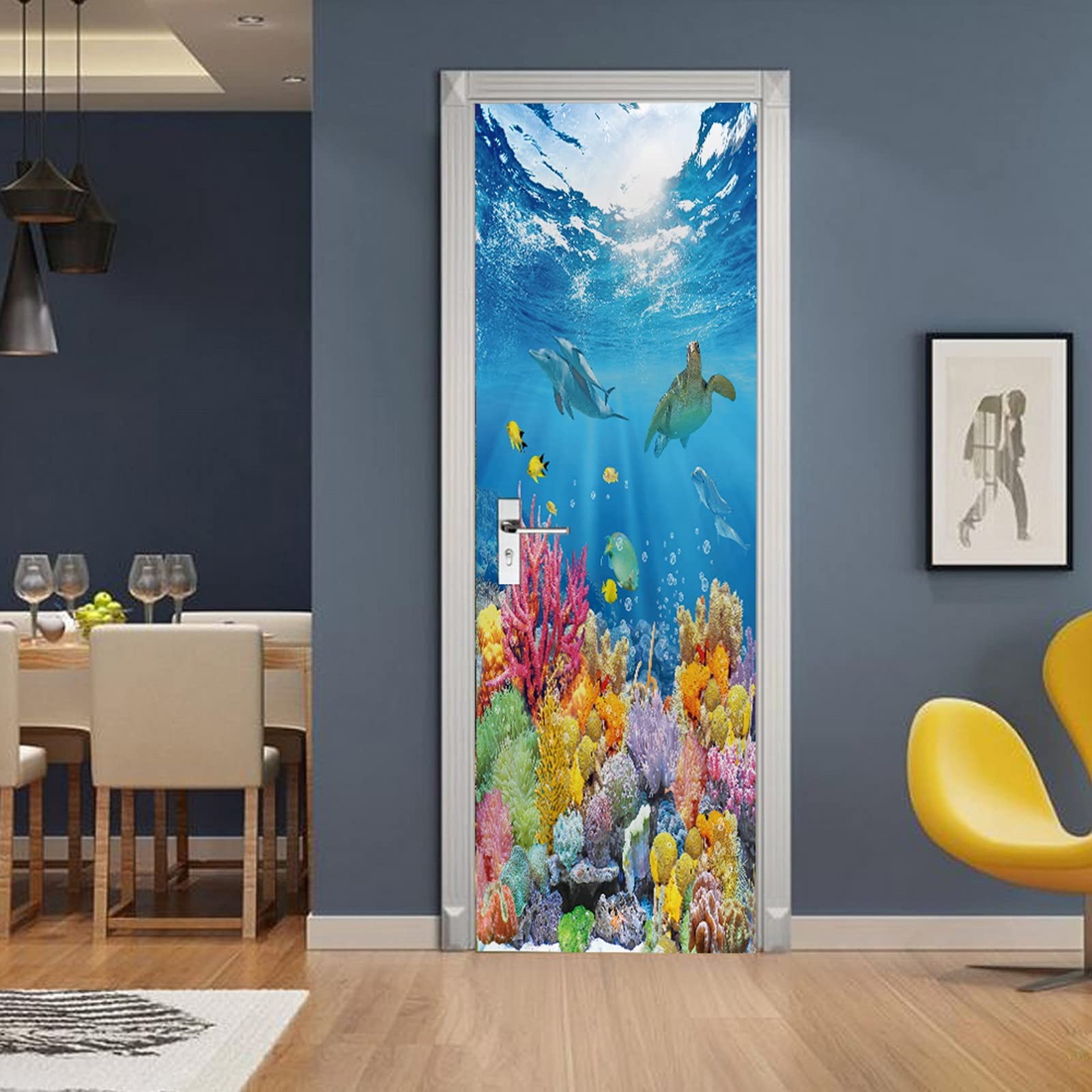 A.Monamour Adesivo Porta Autoadesiva Mondo Marino Sottomarino Pesce Tropicale Barriera Corallina Delfino Tartaruga Vinile PVC Adesivi per Porte 3D Pellicola Adesiva Poster Sticker Murale Parete