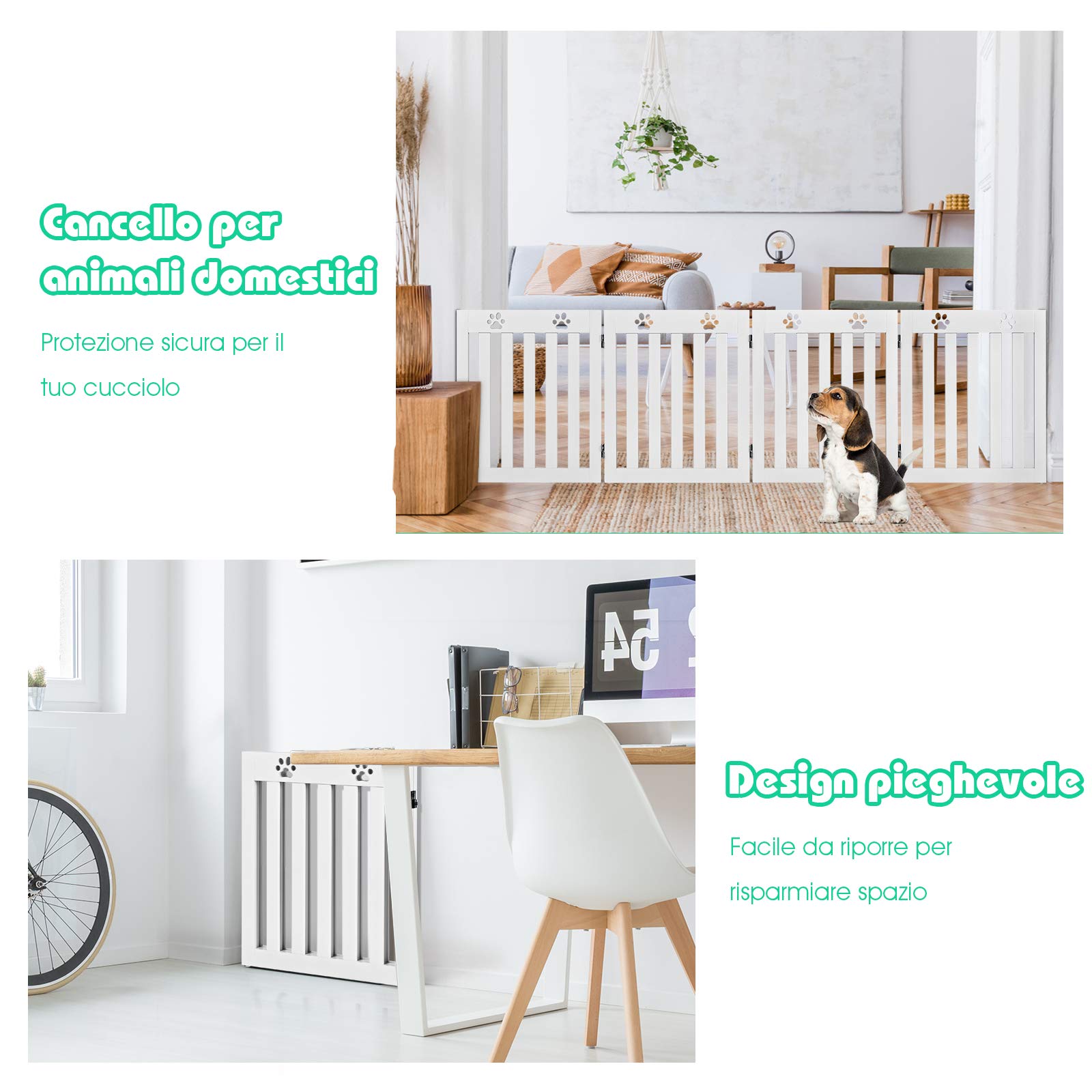 COSTWAY Cancelletto di Sicurezza Pieghevole, Barriera per Animali Domestici, in Legno, 4 Pannelli, 203 x 60 x 1,5 cm (Bianco)