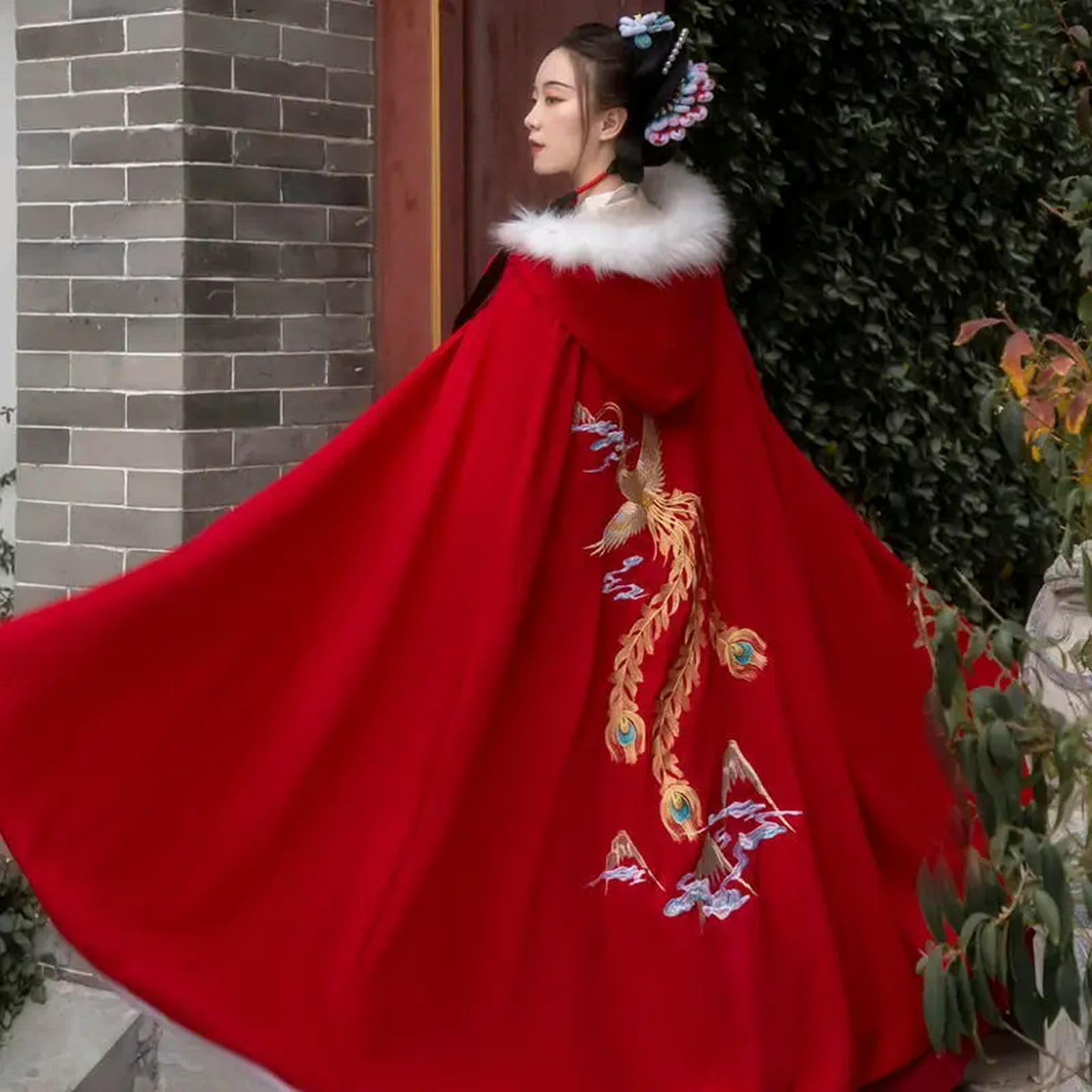 ApuaVireo&Co Hanfu Czarny Czerwony Kolor Haftowany Płaszcz Zimowy Zagęszczony Wydajny Ubranie Dziewczyna Halloween Kostium Cosplay