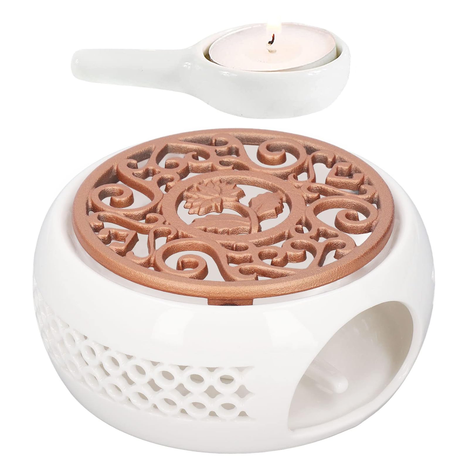 Calentador de Tetera Porcelana Calentador de Té Cerámica con Cuchara y Estufa Tapete Base Calentadors de Café de Diseño Tallado Hueco para conservar el Calor Té Leche (Blanco)