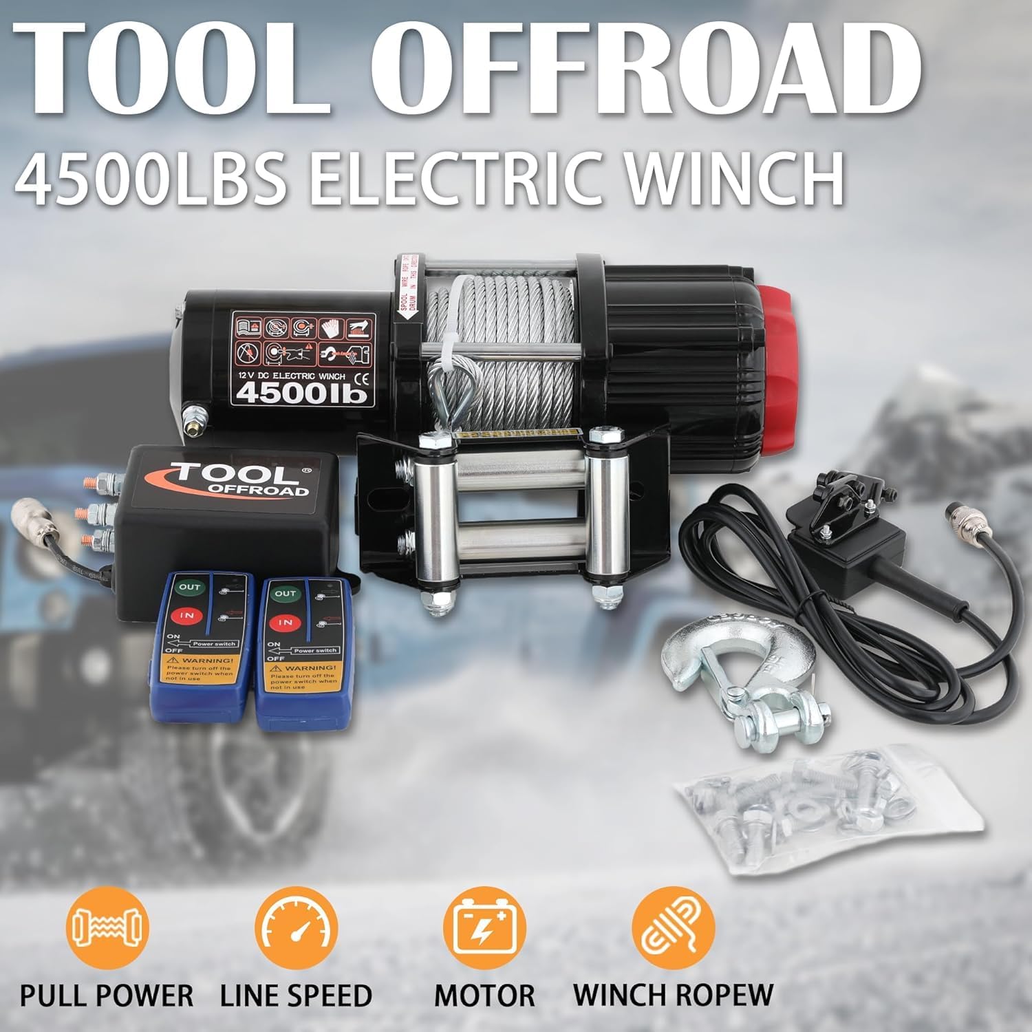Tool Offroad 4500 lbs Electric Winch, 12V Steel Rope Trailer Winch with Wireless & Wired Remote, Waterproof Recovery Winches for Towing ATV/UTV, Boat, Black