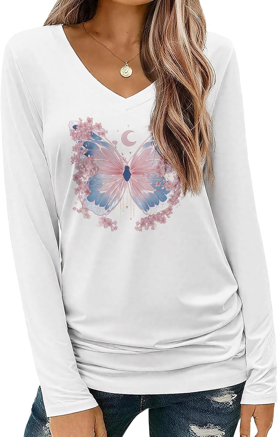 Womens Long Sleeve V Neck Printed Top Lightweight Casual Blouse Soft Tunic for Daily Work Travel