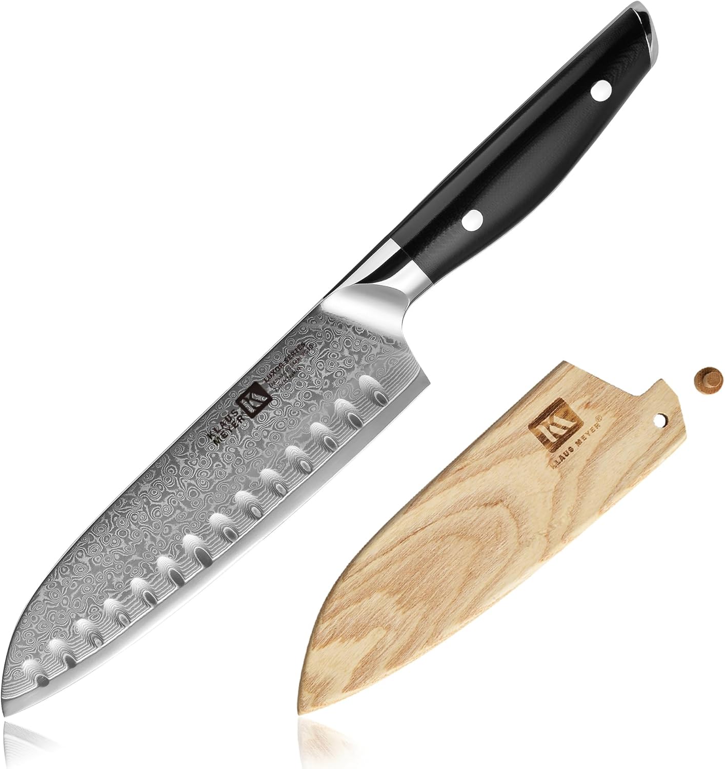 Klaus Meyer Luxor Damascus Steel 7 inch Santoku Knife with Wood Sheath