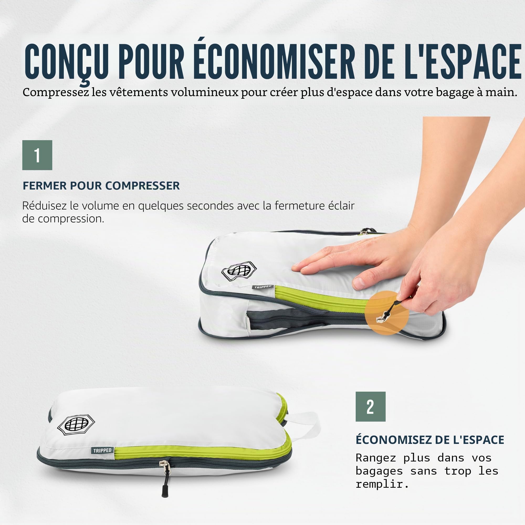 TRIPPED Travel Gear Compression d’emballage Cubes 6 pces pour sacs organisateur des bagages à main Durable voyage léger avec Double fermeture à glissière (blanc et vert)