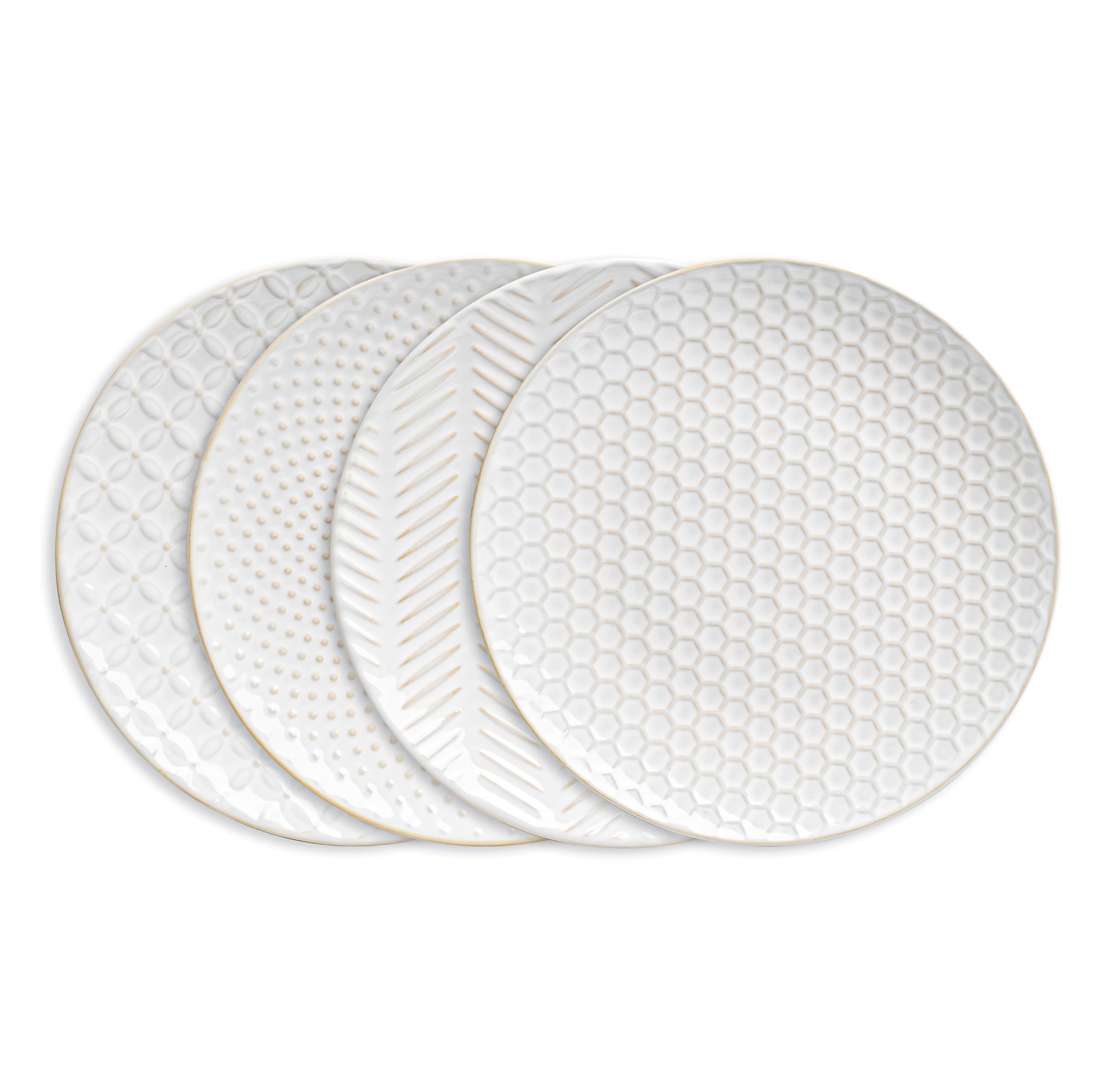 Ceramic Dinner Plates, 8 Inch Embossed Serving Plates for Kitchen, Farmhouse Stoneware Dessert Plates Set of 4, Lead-free, Dishwasher &amp; Microwave Oven Safe