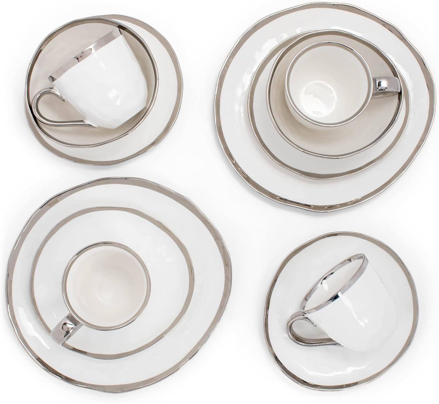 Elanze Designs 16-Piece Metallic Bubble Porcelain Ceramic Plates Bowls Mugs Dinnerware Set - Service for 4, White With Silver Accents