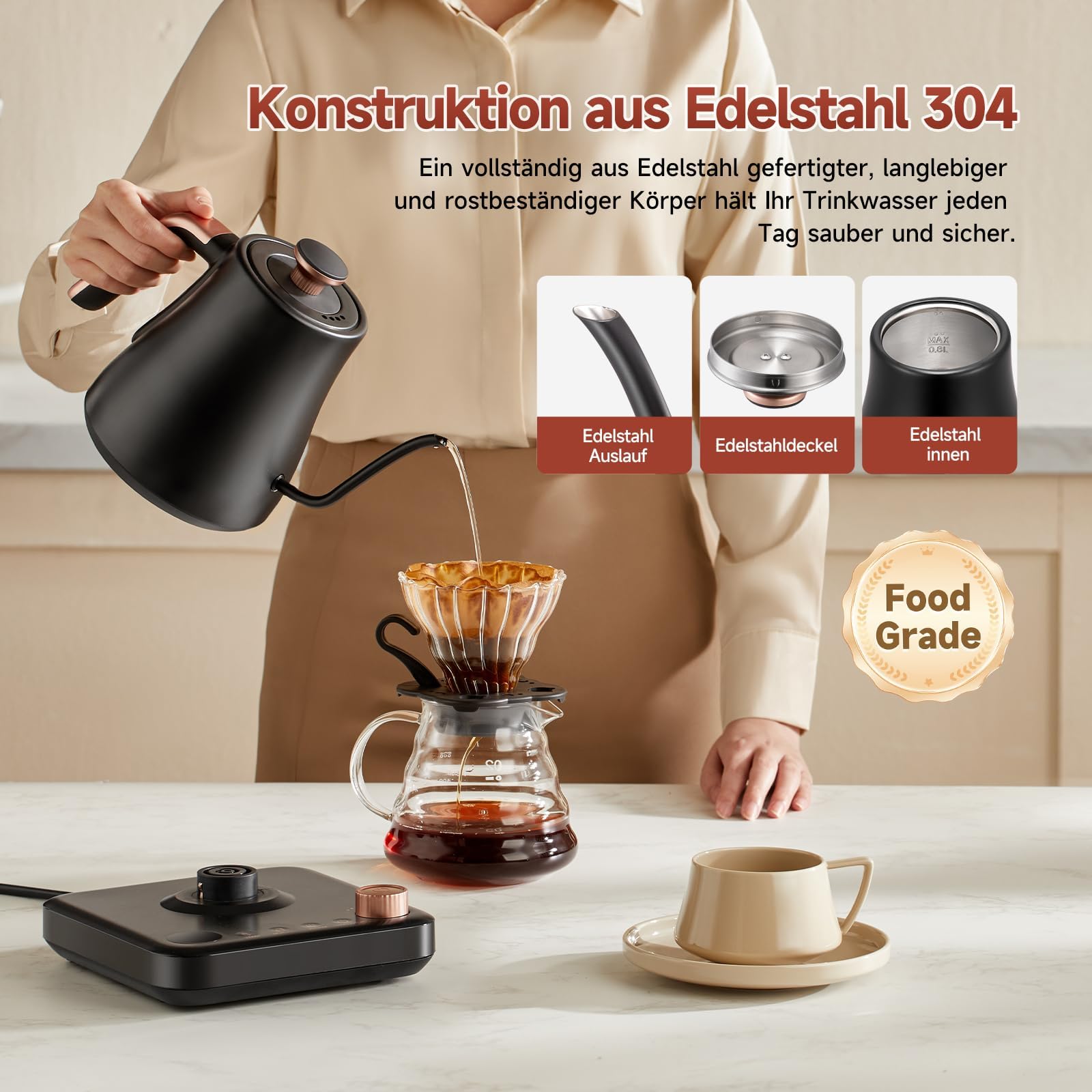 OLEGA wasserkocher schwanenhals: 1200W wasserkocher mit temperatureinstellung, 0.8L Edelstahl schwanenhals wasser kocher, LED-Anzeige & Warmhaltefunktion kettle, Geeignet für Kaffee und Tee, schwarz